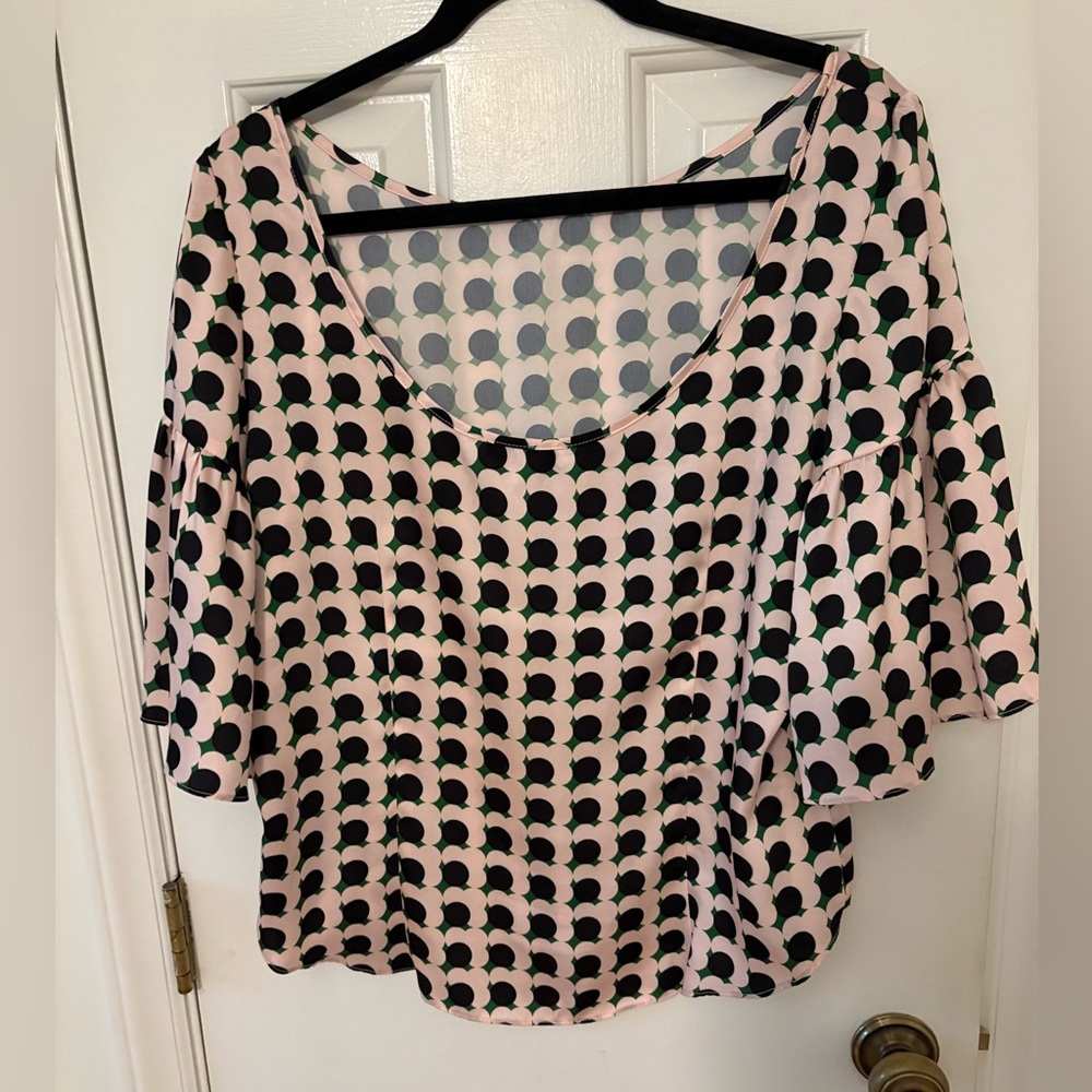 Milly Blouse Ruffle Sleeves Top Size L Floral Geometric Pattern green pink black